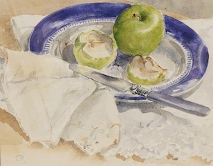M. Celia Rushton, Still life of apples, cut and whole, monogrammed, The Mall Galleries inscribed label verso, 22 x 26cm